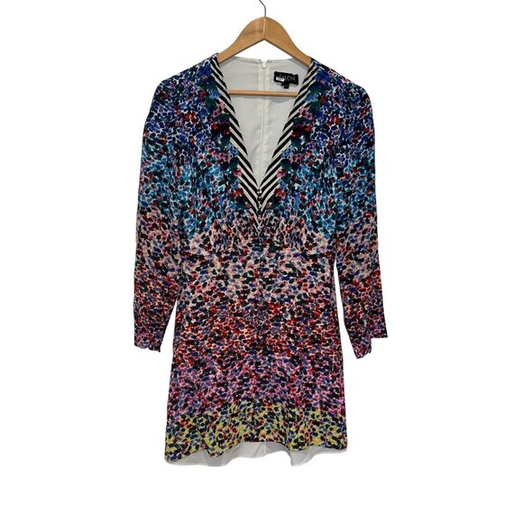 Saloni Eve Striped Rainbow Floral Print Puff Sleeve Button Front Mini Dress 6 - Picture 3 of 11